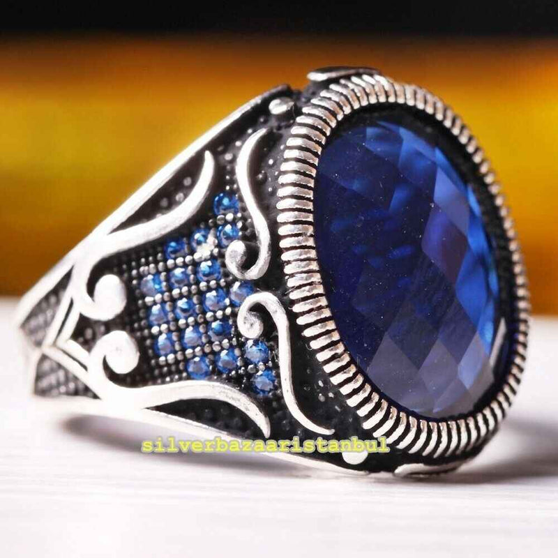 Turkish Luxury Jewelry 925 Sterling Silver Sapphire Mens Ring silverbazaaristanbul 