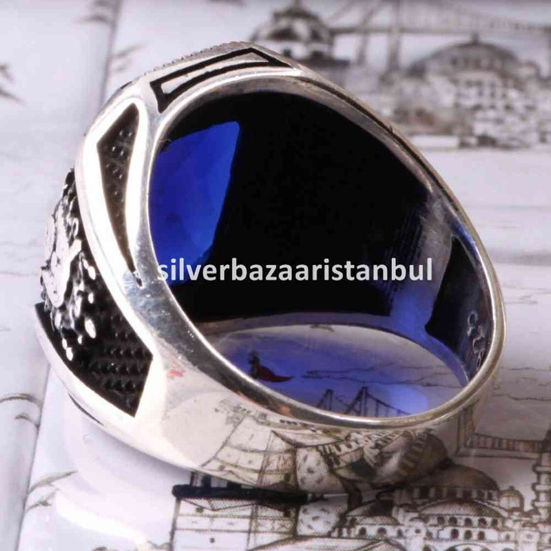 Turkish Ottoman 925 Sterling Silver Blue Sapphire Stone Mens Ring silverbazaaristanbul 