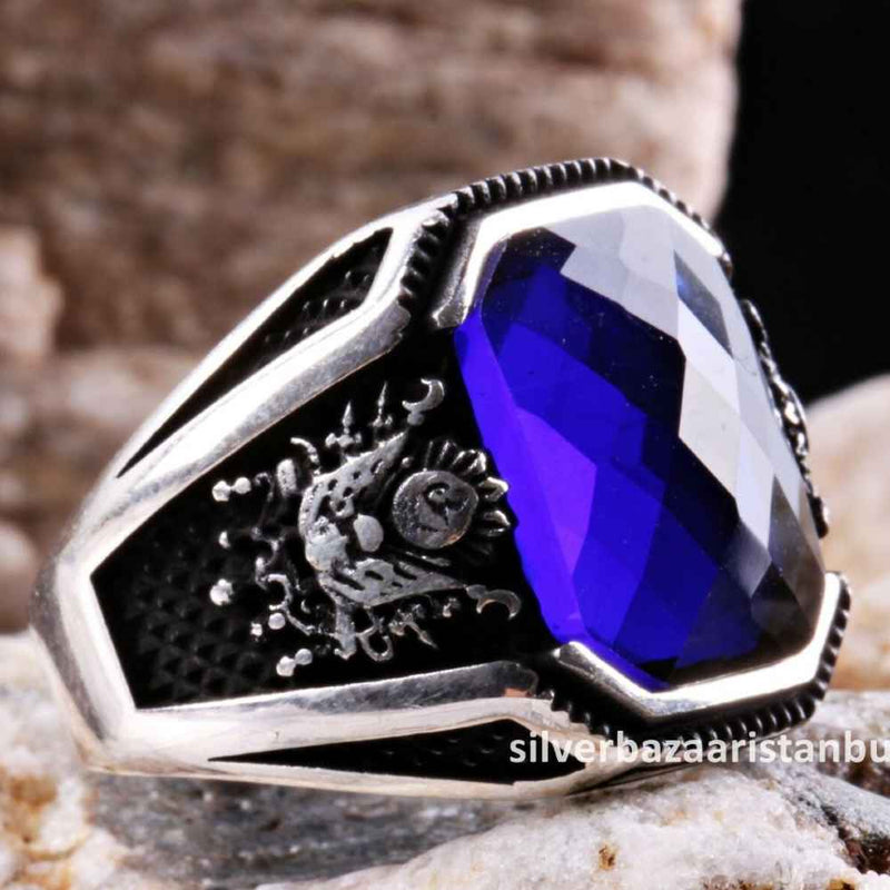 Turkish Ottoman 925 Sterling Silver Blue Sapphire Stone Mens Ring silverbazaaristanbul 