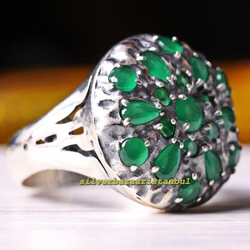 Turkish Round Green Emerald Stones 925 Sterling Silver Mens Ring silverbazaaristanbul 