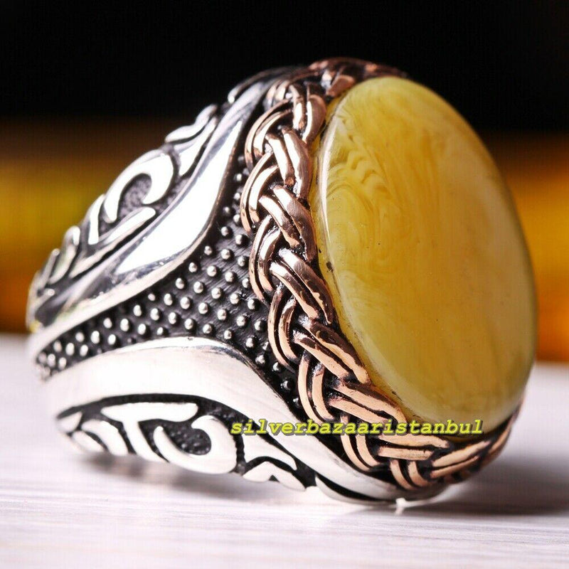 turkish yellow amber stone exclusive 925 sterling silver mens ring silverbazaaristanbul