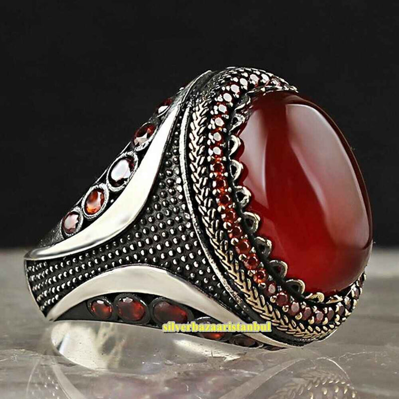 Unique Agate Aqeeq Handmade 925 Sterling Silver Vintage Mens Ring silverbazaaristanbul 