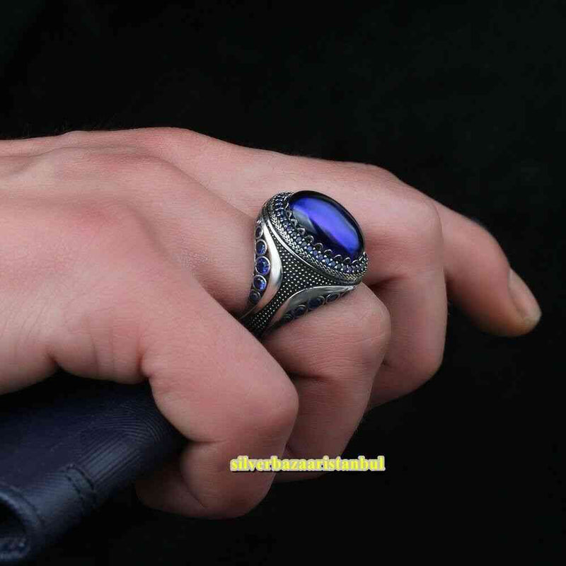 Unique Sapphire Handmade 925 Sterling Silver Vintage Mens Ring silverbazaaristanbul 