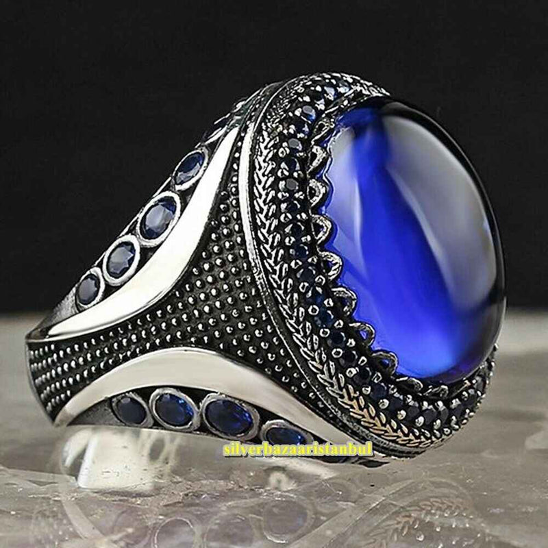 Unique Sapphire Handmade 925 Sterling Silver Vintage Mens Ring silverbazaaristanbul 