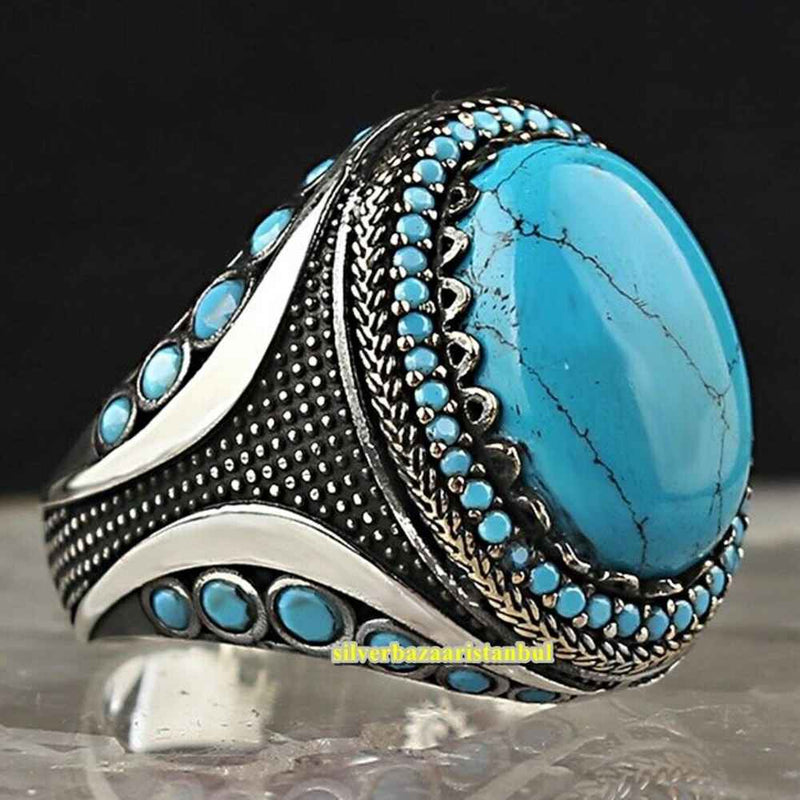 Unique Turquoise Handmade 925 Sterling Silver Vintage Mens Ring silverbazaaristanbul 