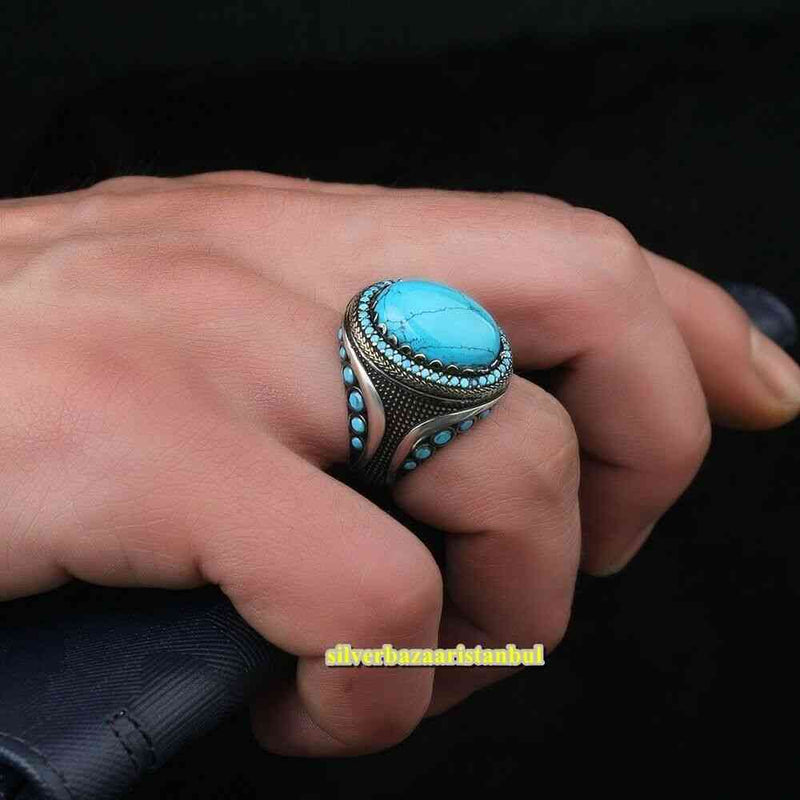 Unique Turquoise Handmade 925 Sterling Silver Vintage Mens Ring silverbazaaristanbul 