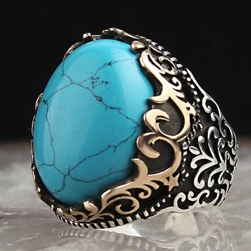 Veined Turquoise Stone 925 Sterling Silver Blue Mens Ring silverbazaaristanbul 