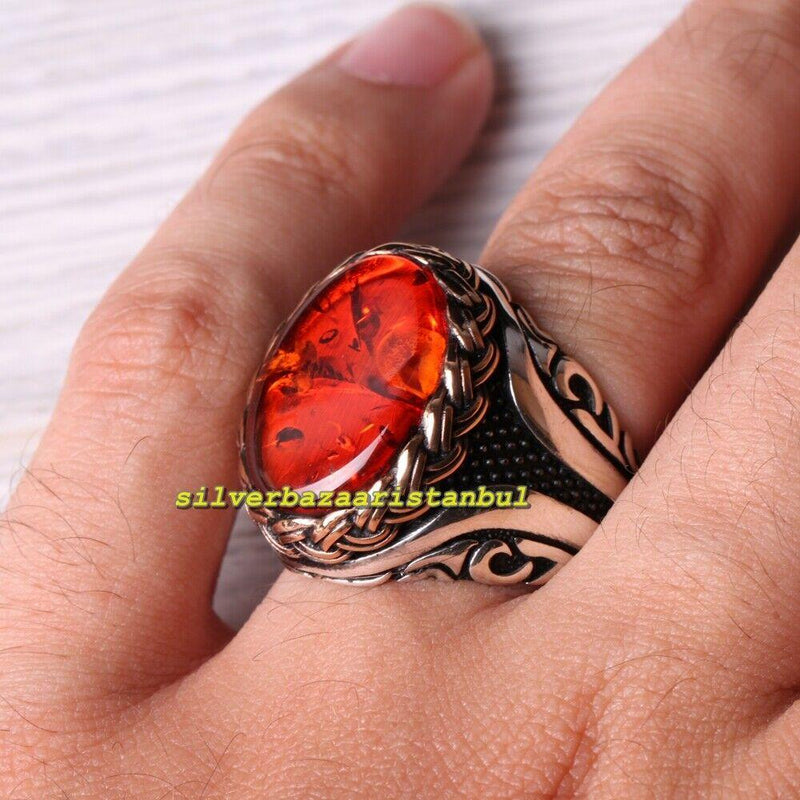 Winding Amber Stone Exclusive 925 Sterling Silver Mens Ring silverbazaaristanbul 