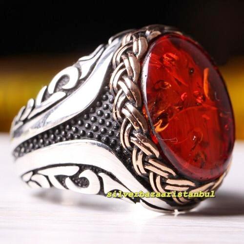 Winding Amber Stone Exclusive 925 Sterling Silver Mens Ring silverbazaaristanbul 