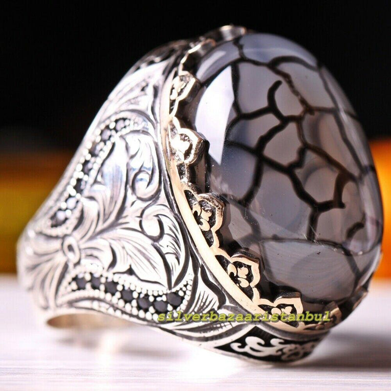 Yemeni Agate Aqeeq and Onyx Stone 925 Sterling Silver Mens Ring silverbazaaristanbul 