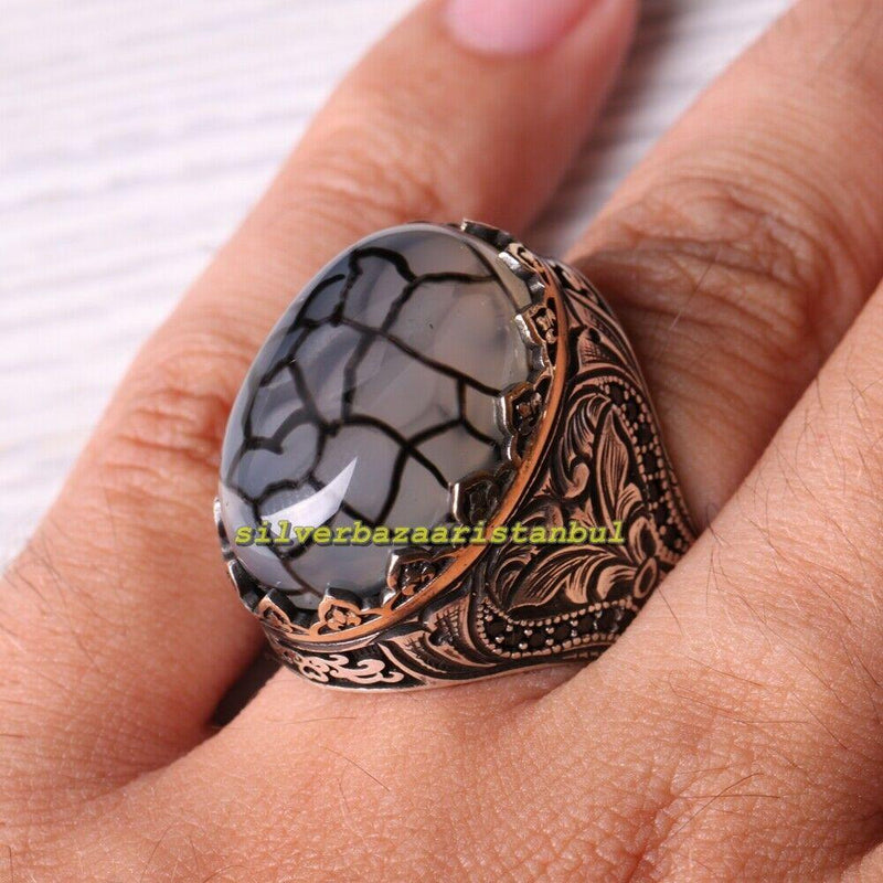 Yemeni Agate Aqeeq and Onyx Stone 925 Sterling Silver Mens Ring silverbazaaristanbul 