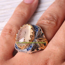 Yemeni Agate Aqeeq and Sapphire Stone 925 Sterling Silver Mens Ring silverbazaaristanbul 