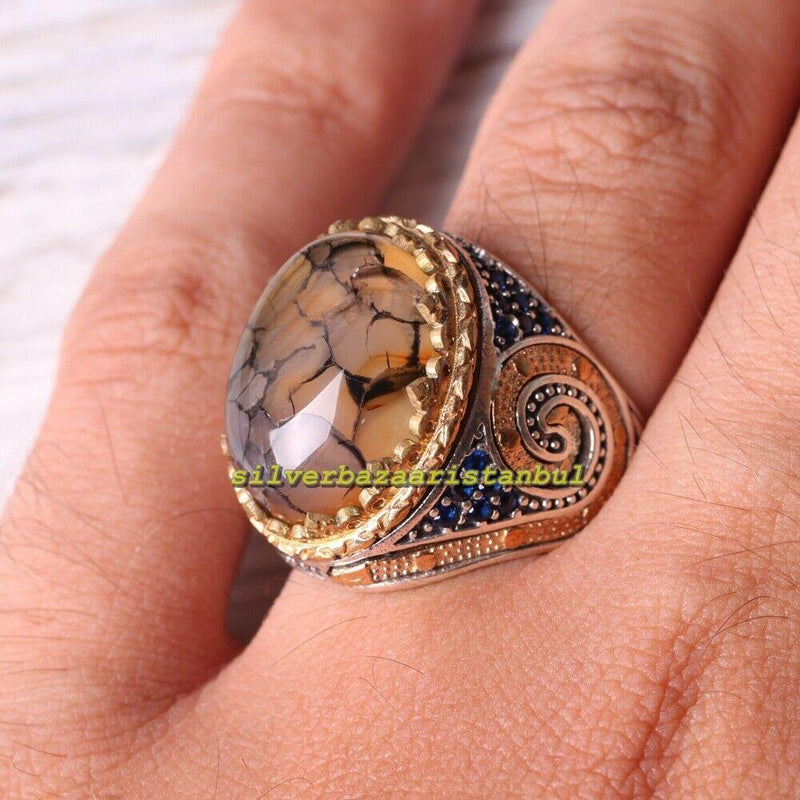 Yemeni Agate Aqeeq and Sapphire Stone 925 Sterling Silver Mens Ring silverbazaaristanbul 