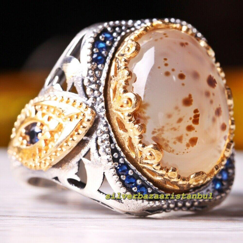 Yemeni Agate Aqeeq and Sapphire Stone 925 Sterling Silver Mens Ring silverbazaaristanbul 